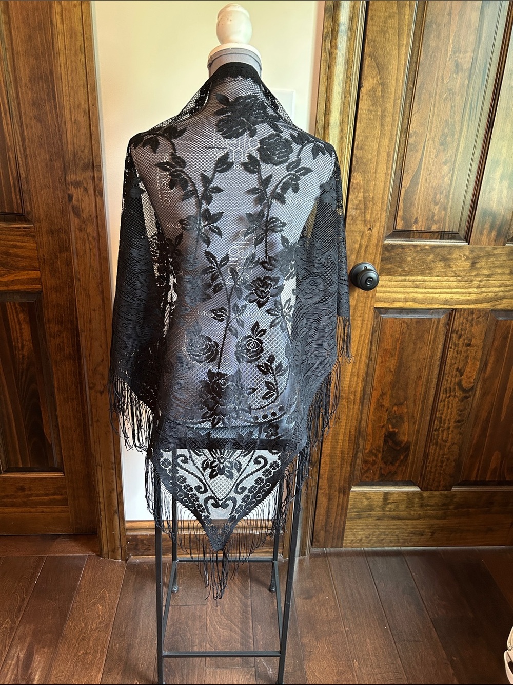 Black Floral Lace Fringe Shawl Wrap